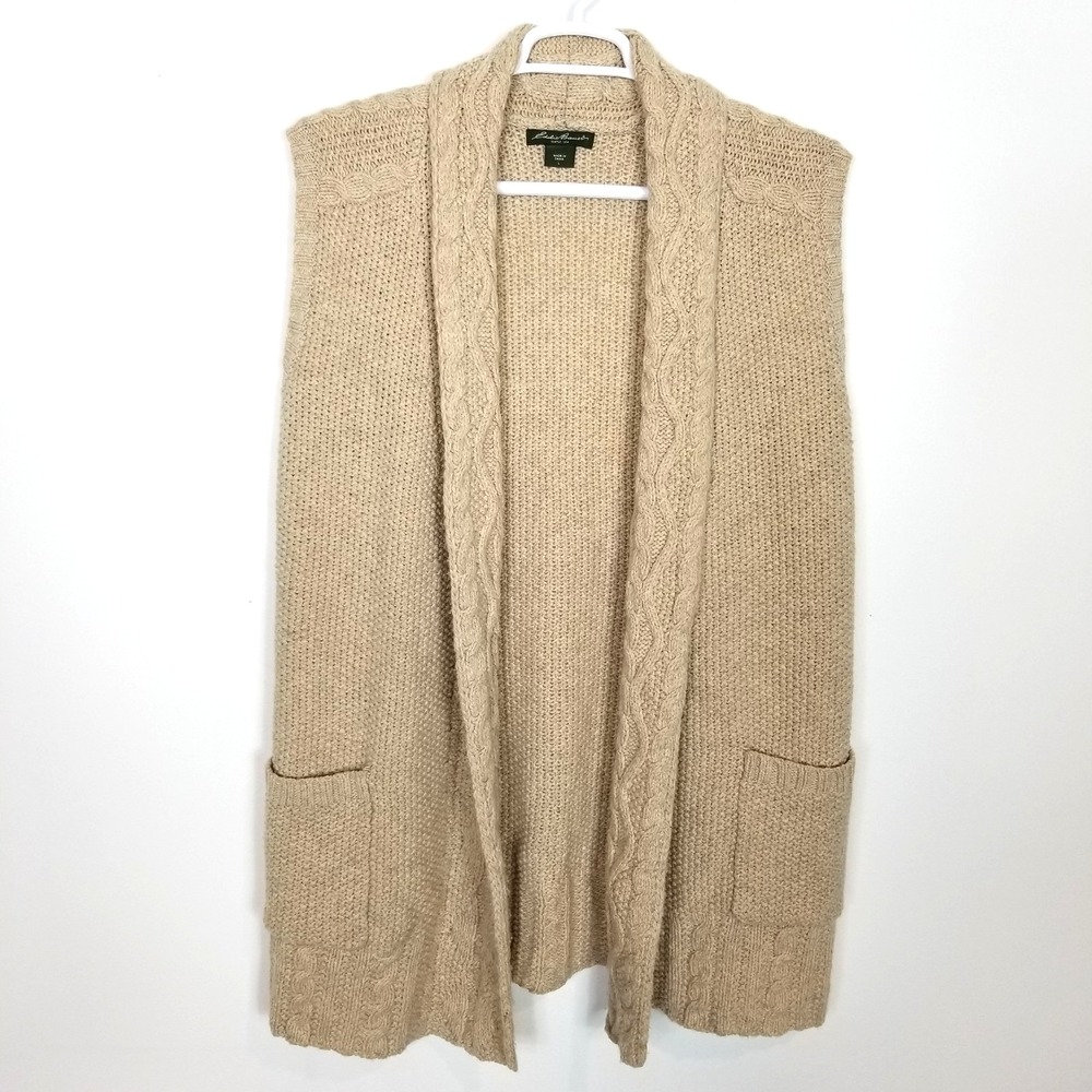 VTG Eddie Bauer Long Wool Blend Open Sweater Vest Women Sz L Beige Pockets